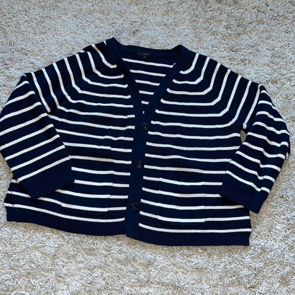 J. Crew Navy Blue White Nautical Striped V Neck Cardigan Sweater 3/4 Sleeve  Wom - Picture 1 of 12